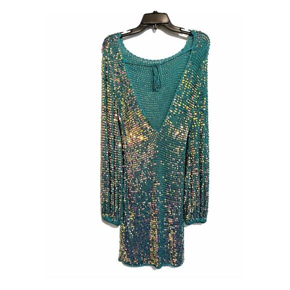 Retrofete NWT Tara Sequin Long Sleeve Crochet Mini Dress Turquoise Blue Green S - Picture 4 of 13